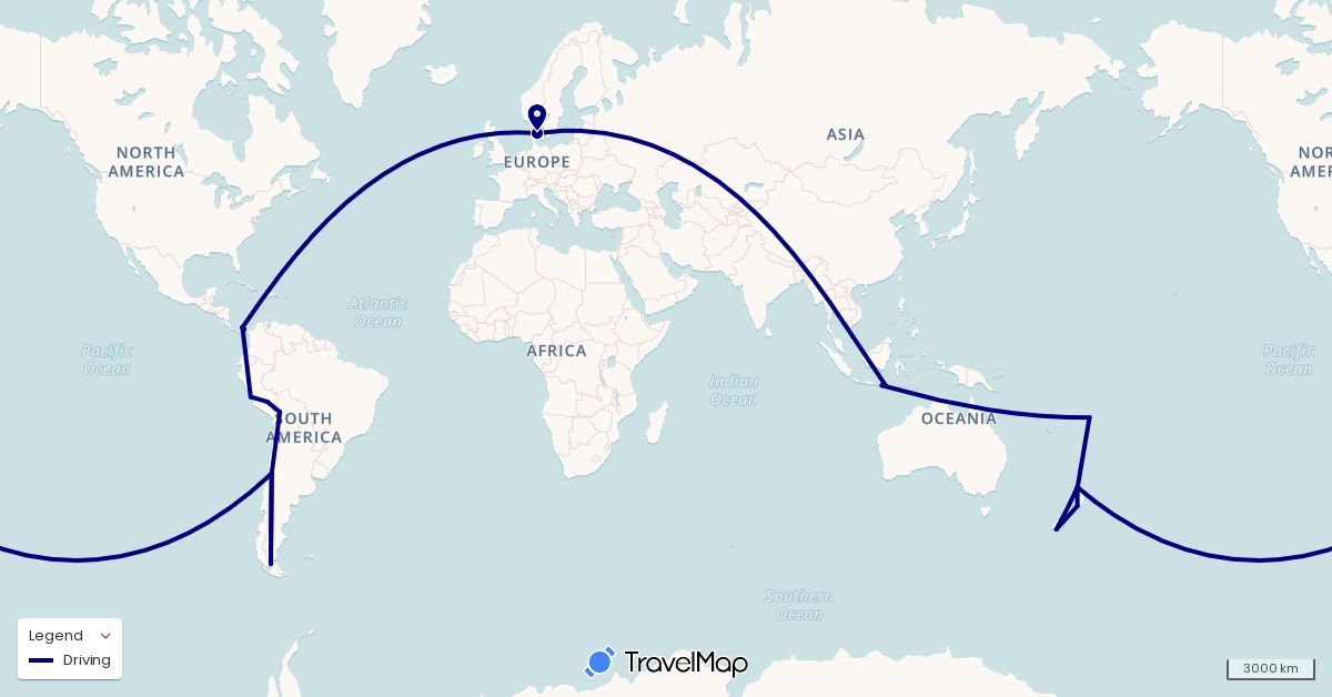 TravelMap itinerary: driving in Bolivia, Chile, Denmark, Fiji, Indonesia, New Zealand, Panama, Peru (Asia, Europe, North America, Oceania, South America)